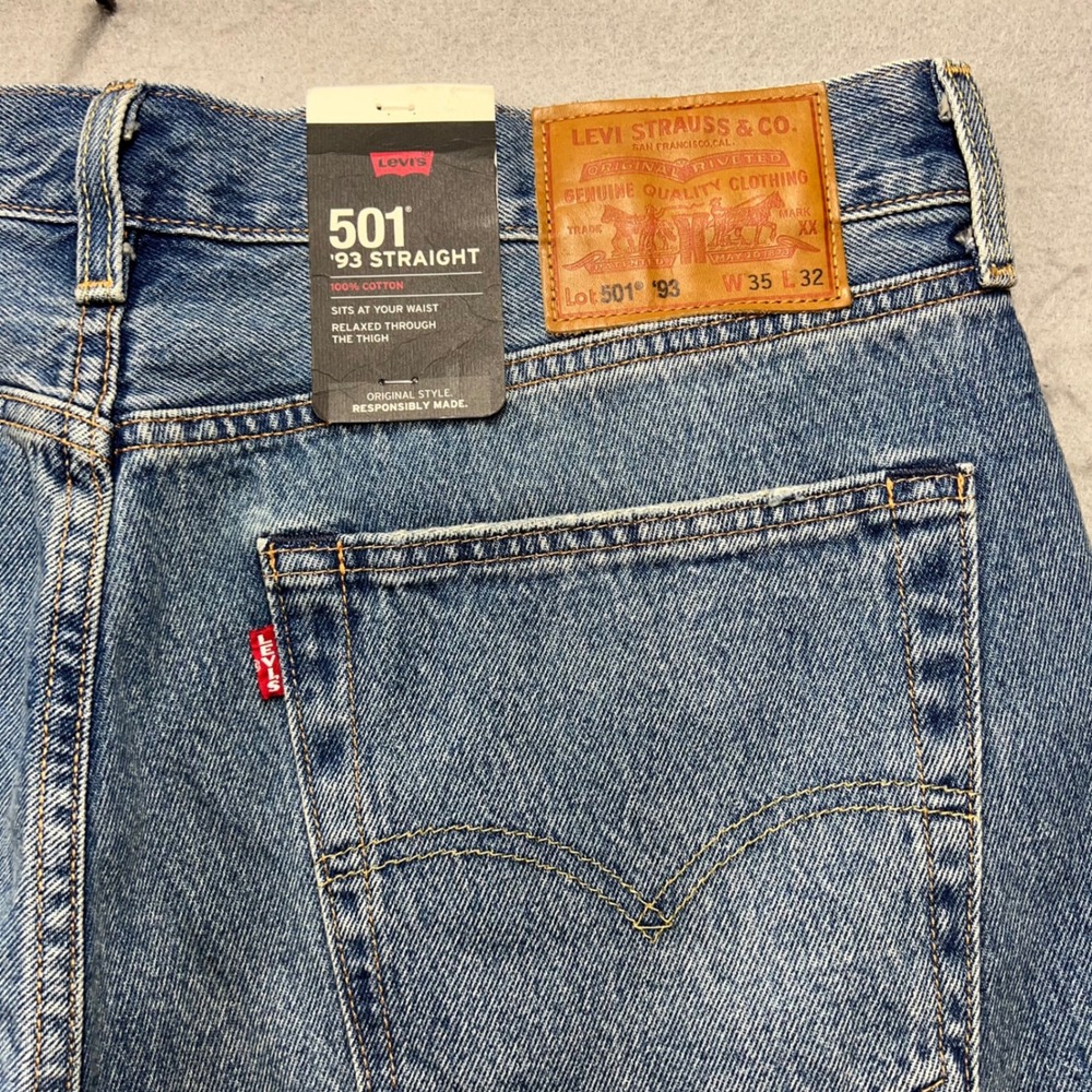 Levis Premium 501 93 Straight Jeans Mens 35x32 Light Wash Distressed 79830-0294 - Picture 10 of 11